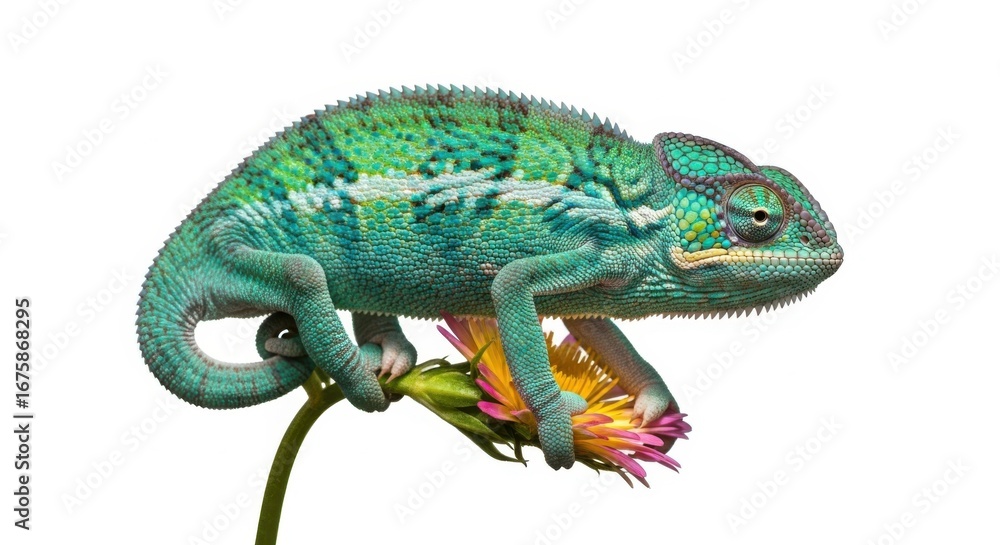 Fototapeta premium Chameleon perched on a flower isolated on white background, showing its vibrant colors