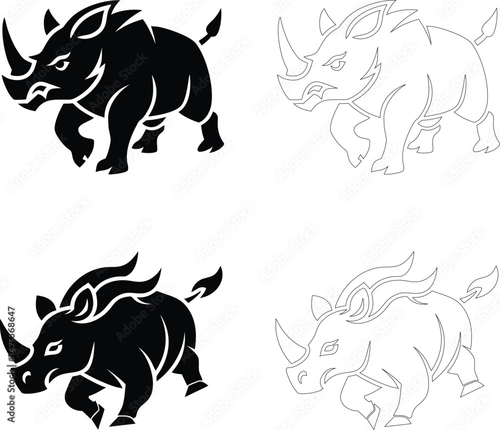 Fototapeta premium Silhouette of a charging rhino in motion, bold flat black vector design