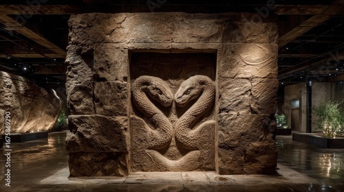 Paleontological discovery of a rare two-headed serpent fossil emerging from rock formation.