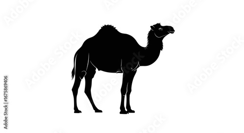 A black silhouette of a standing one-humped dromedary camel in profile view.