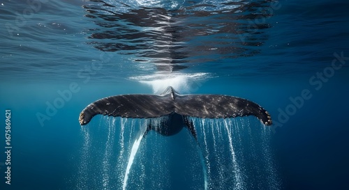 Majestic humpback whale fluke dives into clear blue ocean water with bubbles