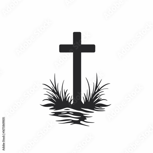 Christian faith symbol cross with grass design and vector art silhouette