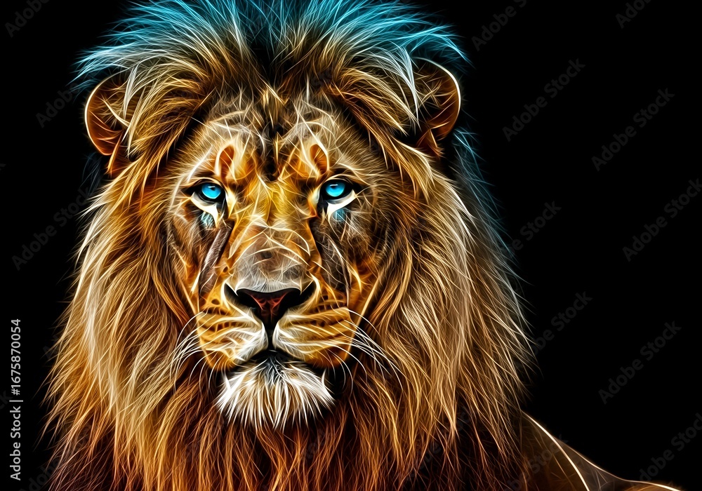 Naklejka premium Fierce Lion Digital Art Captivating Portrait with Glowing Mane and Intense Gaze
