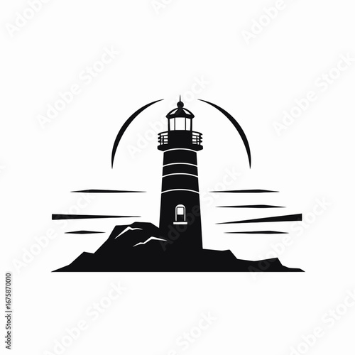 Striking lighthouse beacon on a rocky shore in bold black silhouette