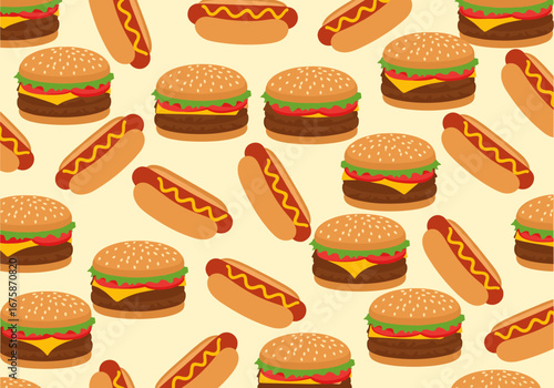 Delicious burgers and hot dogs pattern perfect for restaurant menus, food blogs, and marketing.