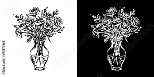 Monochrome isolated vector image of flower vase with roses on transparent and black backgrounds, pencil drawing, chalk drawing  