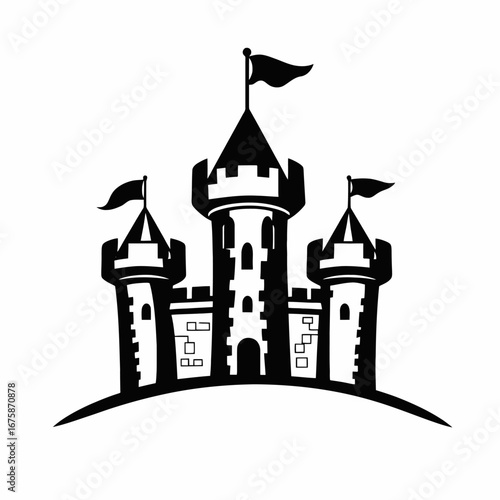 Enchanted fairytale castle stands proud with flags waving, in striking silhouette