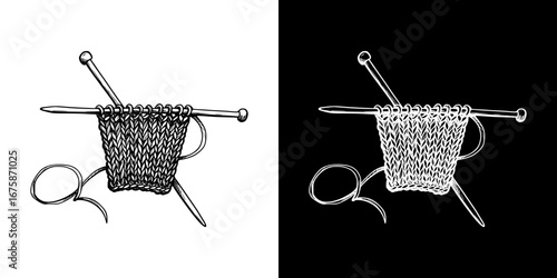 Monochrome isolated vector image of knitting needles and yarn in two designs, two design options on transparent and black backgrounds, pencil drawing, chalk drawing
  