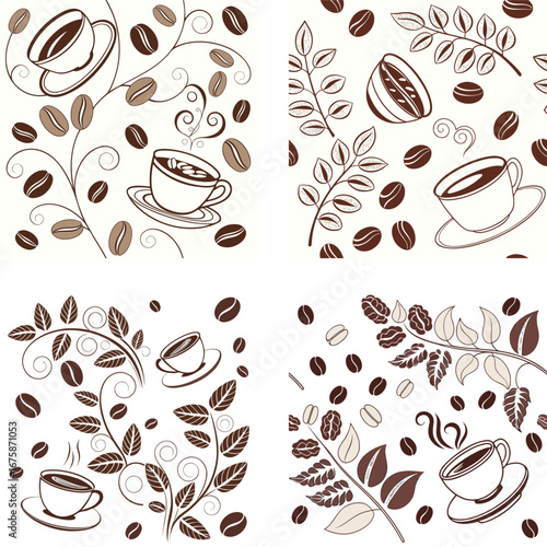 Coffee themed background featuring various coffee beans leaves and cups in a decorative vector style