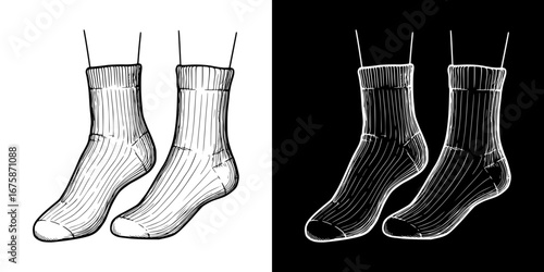 Monochrome isolated vector image of two pairs of socks, two design options on transparent and black backgrounds, pencil drawing, chalk drawing