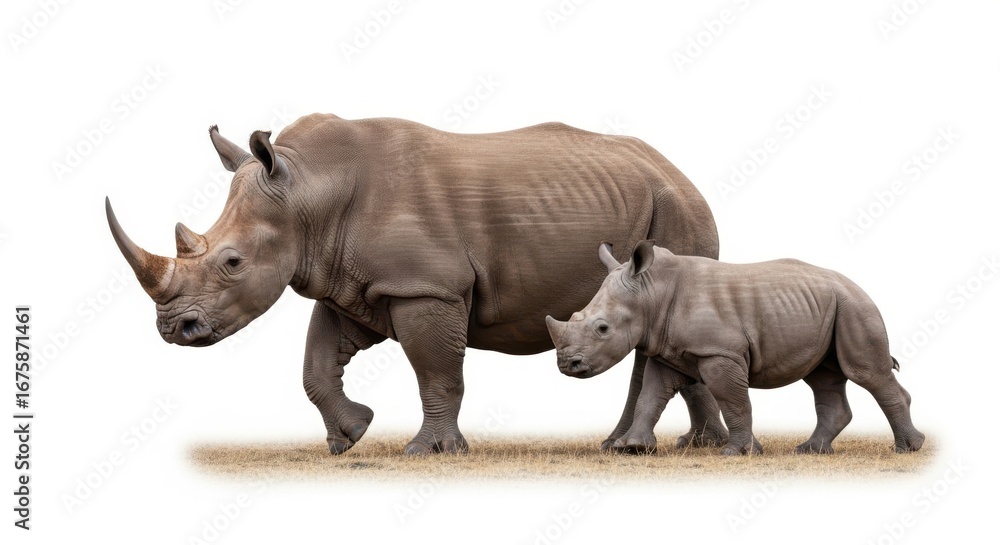 Fototapeta premium A mother rhinoceros with her calf isolated on white background, walking on the african savanna