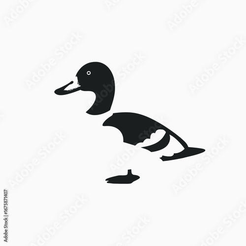 Minimalist duck illustration, waterfowl standing in simple black vector silhouette