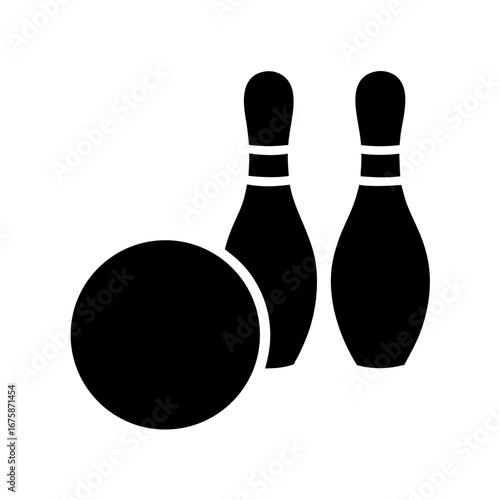 Bowling icon with ball and pins in solid black silhouette style