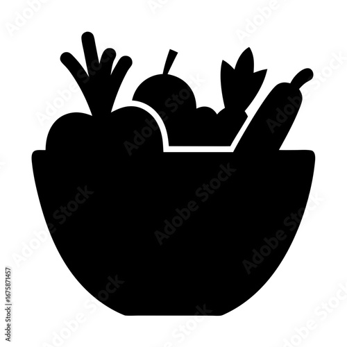 A simple black silhouette of a bowl filled with fresh produce