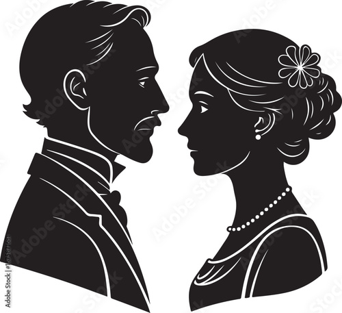 Victorian Couple Silhouette Profile Facing Each Other