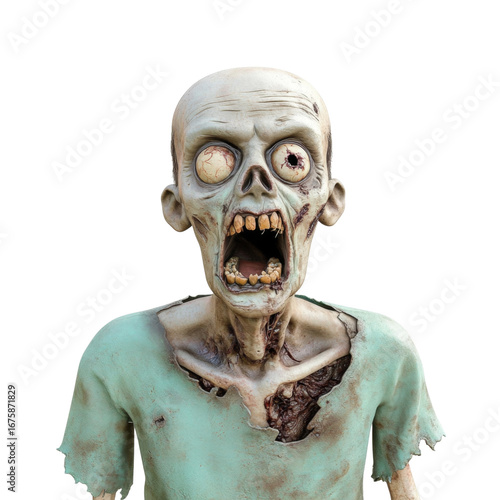 Zombie undead horror scary decayed open mouth green shirt exposed bone creepy Halloween