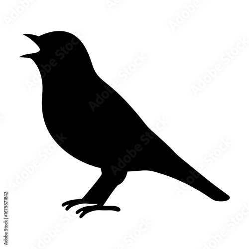 Black silhouette illustration of a bird standing with its beak open