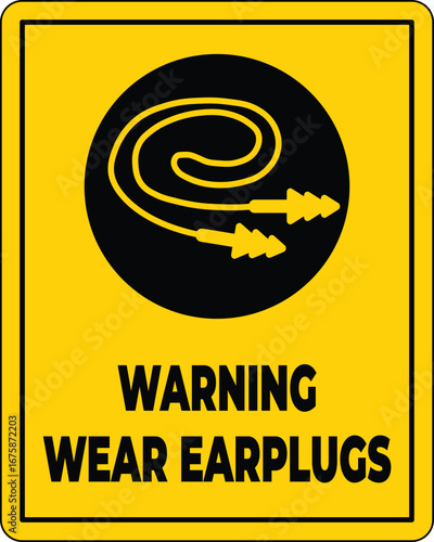 Warning Sign for Hearing Protection with Earplugs Icon on Yellow Background