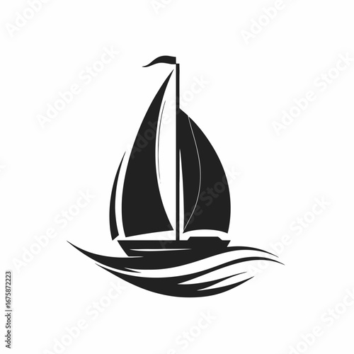 Sailing ship gliding on water, graphic minimal black sailboat vector silhouette