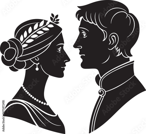 Elegant Silhouette Couple Profile View with Ornate Hair and Collar
