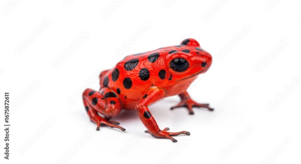 Fototapeta premium Close up of a red poison dart frog with black spots isolated on white background