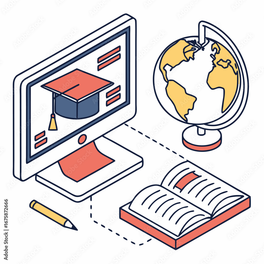 Obraz premium Global Online Education Illustration with Computer, Book and Globe