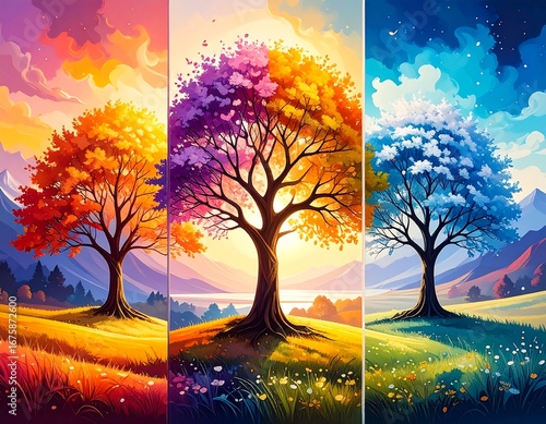 Four seasons depicted with a single tree