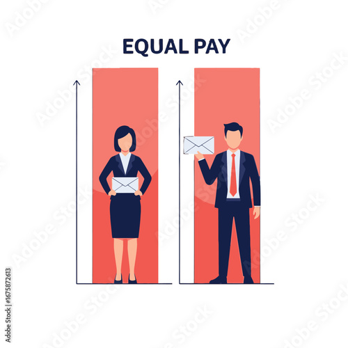 Equal pay bar chart vector illustration with man and woman holding salary envelopes