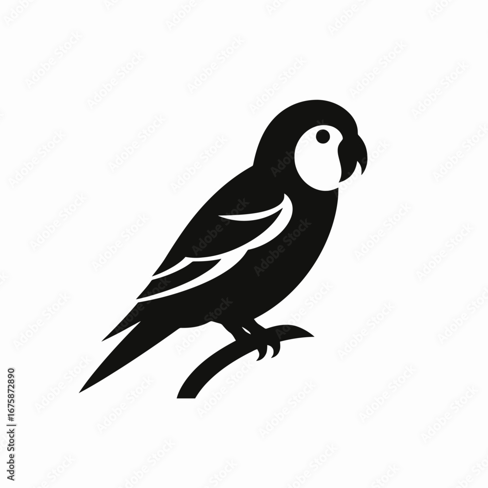 Fototapeta premium Exotic parrot perched peacefully on branch, graphic vector illustration silhouette