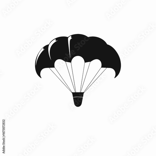 Striking monochrome parachute descending gracefully against a pristine white backdrop silhouette