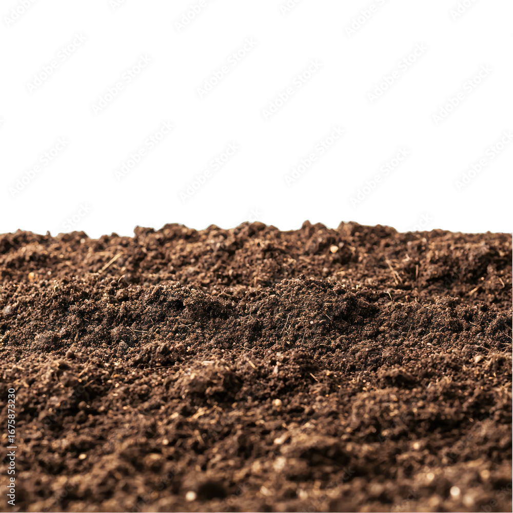 A pile of dark brown soil with visible textures and a transparent background A pile of dark brown soil with visible textures and a transparent background