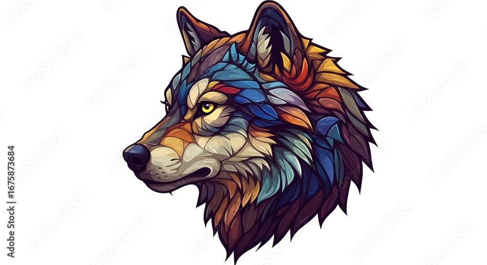 Naklejka premium An artistic abstract illustration of a wild wolf head, featuring a vibrant and colorful geometric design. A powerful animal portrait