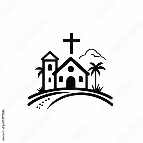 Coastal church with palm trees, black vector religious building design silhouette