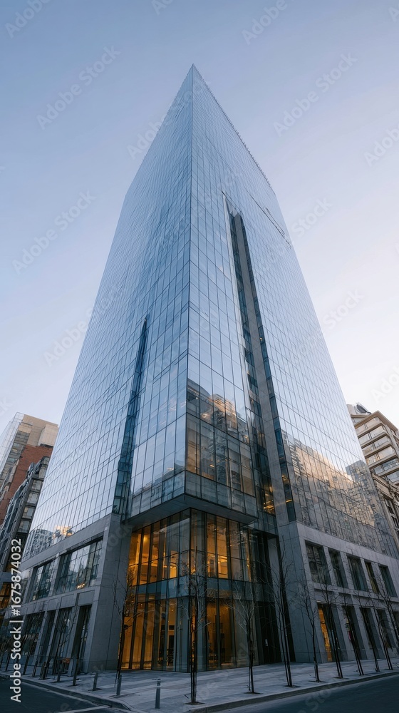 Fototapeta premium Modern Glass Skyscraper In Urban Setting At Dusk. Architectural Marvel Reflecting Cityscape