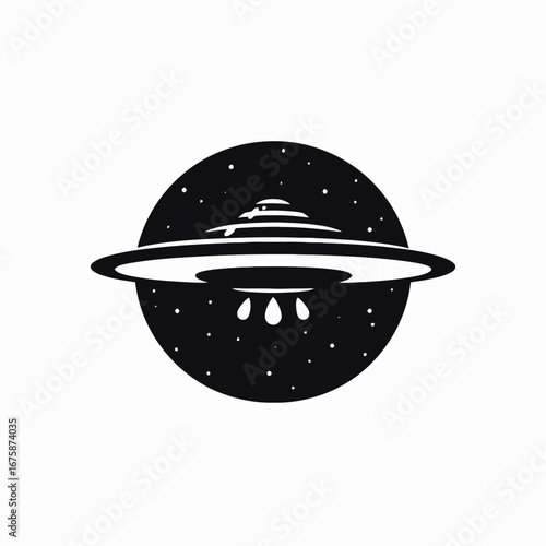 Unidentified flying object over starlit sphere creating a bold graphic monochrome silhouette