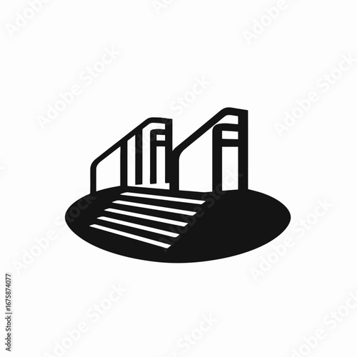 Minimalist staircase design on rounded platform isolated as a dark silhouette