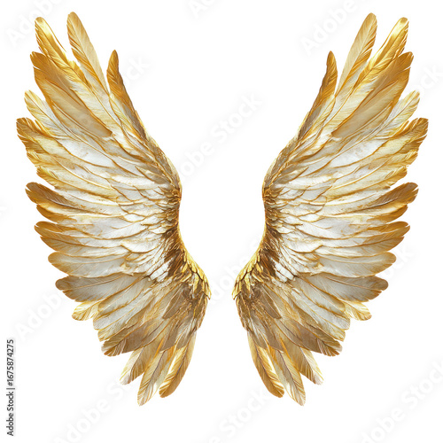 Golden wings against a white background. The concept of nature and fantasy.