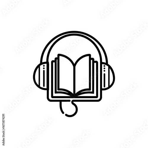 An illustration of a book with headphones on it suggesting the concept of listening to audio books online