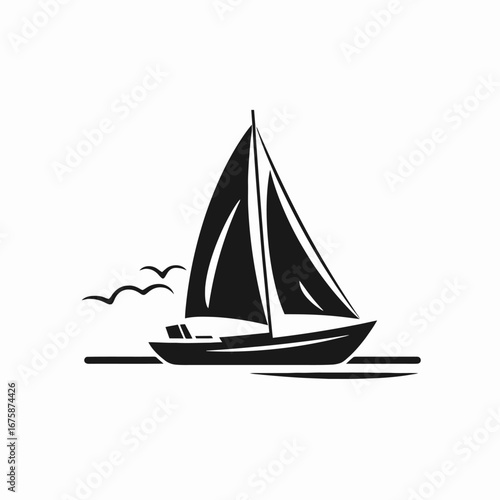 Sailing boat with birds simple vector black and white beautiful silhouette