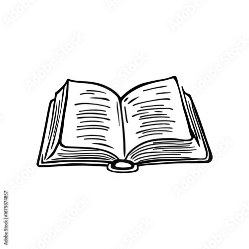 Illustration of an open book with visible pages and spine in a simple black and white style drawing