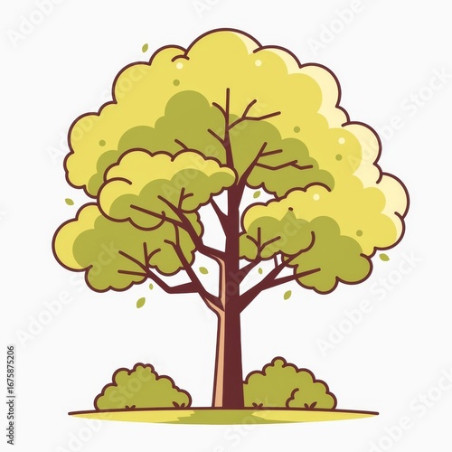 A cartoon style tree with a thick trunk and dense yellow green foliage, surrounded by small bushes,
