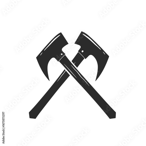 Crossed medieval battle axes in dark monochrome vector artwork for logo silhouette