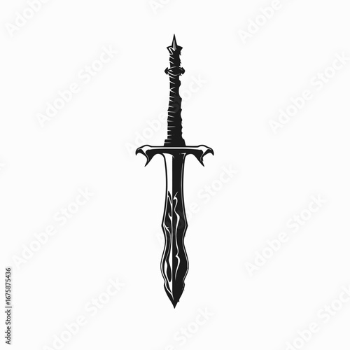 Ornate fantasy sword with black blade isolated on white background silhouette
