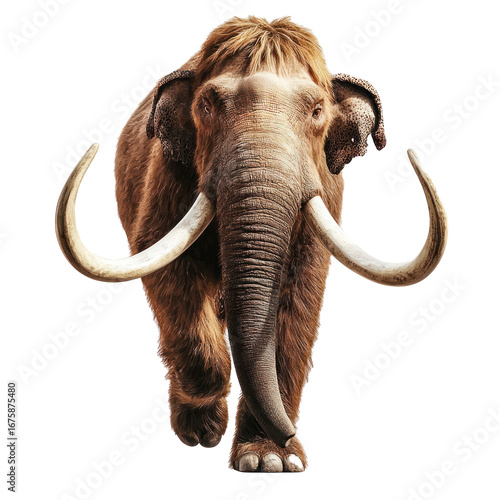 A woolly mammoth walking forward with its tusks visible.