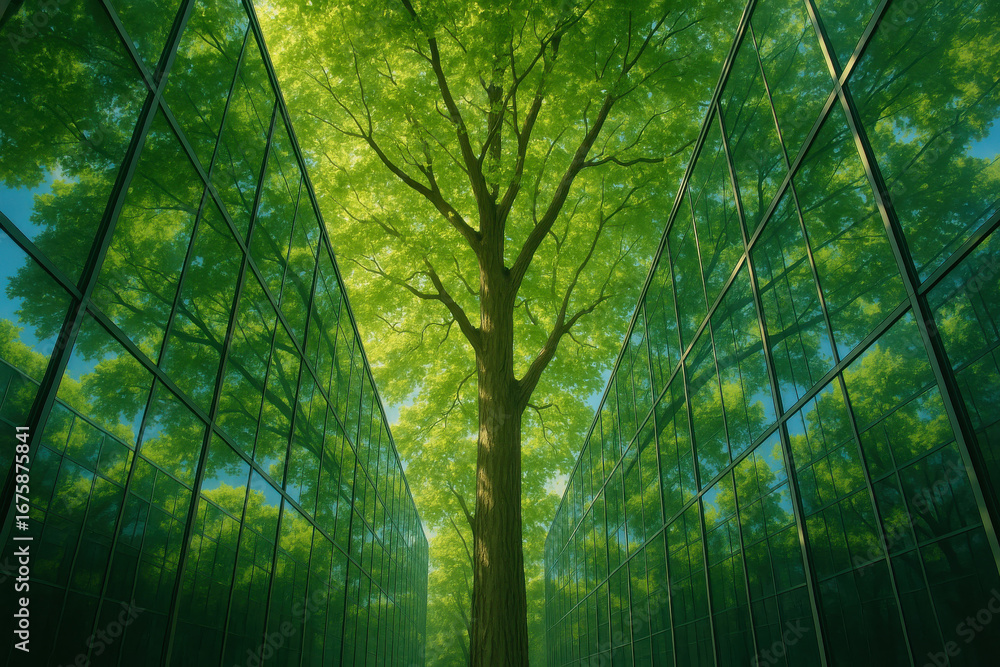 Naklejka premium Large tree with green leaves reflected glass building windows creating peaceful urban nature