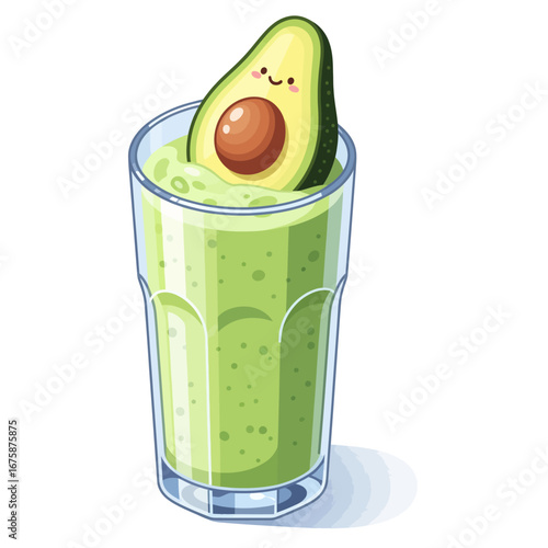 Cartoon avocado detox shake with a cute avocado character in a glass