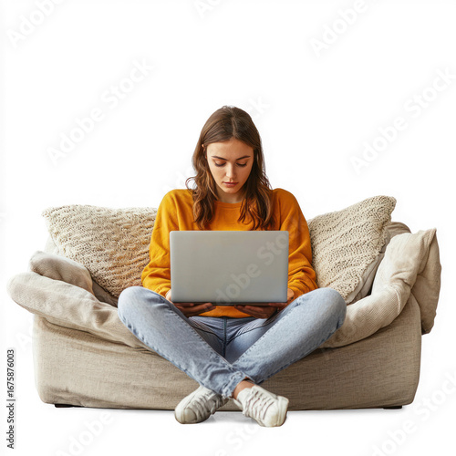 A young woman wearing a yellow sweater and jeans, sitting on a beige couch with a laptop on her lap.