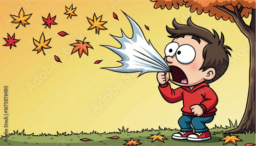 The boy sneezes so much because of autumn allergies that the leaves fly apart as if from the wind.