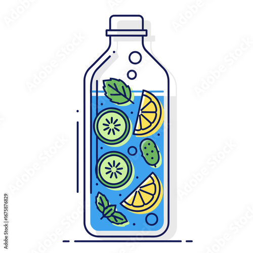 Minimal detox water line icon vector featuring citrus, cucumber, and mint, perfect for health, wellness, and organic lifestyle graphics