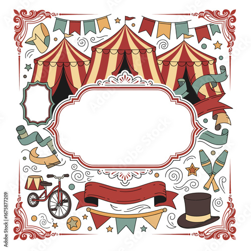 Vintage Circus Poster Style Beer Label with Fairground Elements and Banners